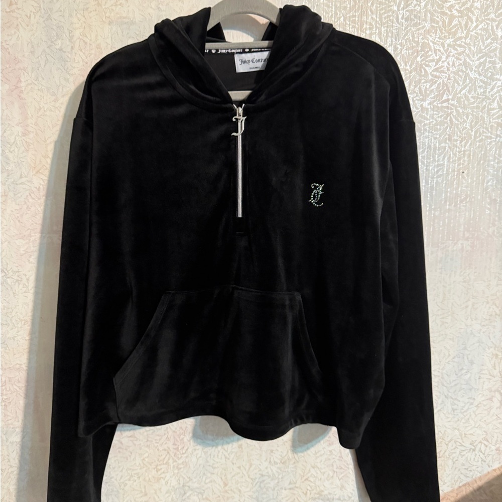 Juicy Couture Black Velour Cropped Hoodie Pullover, Y2K, Sz 2X